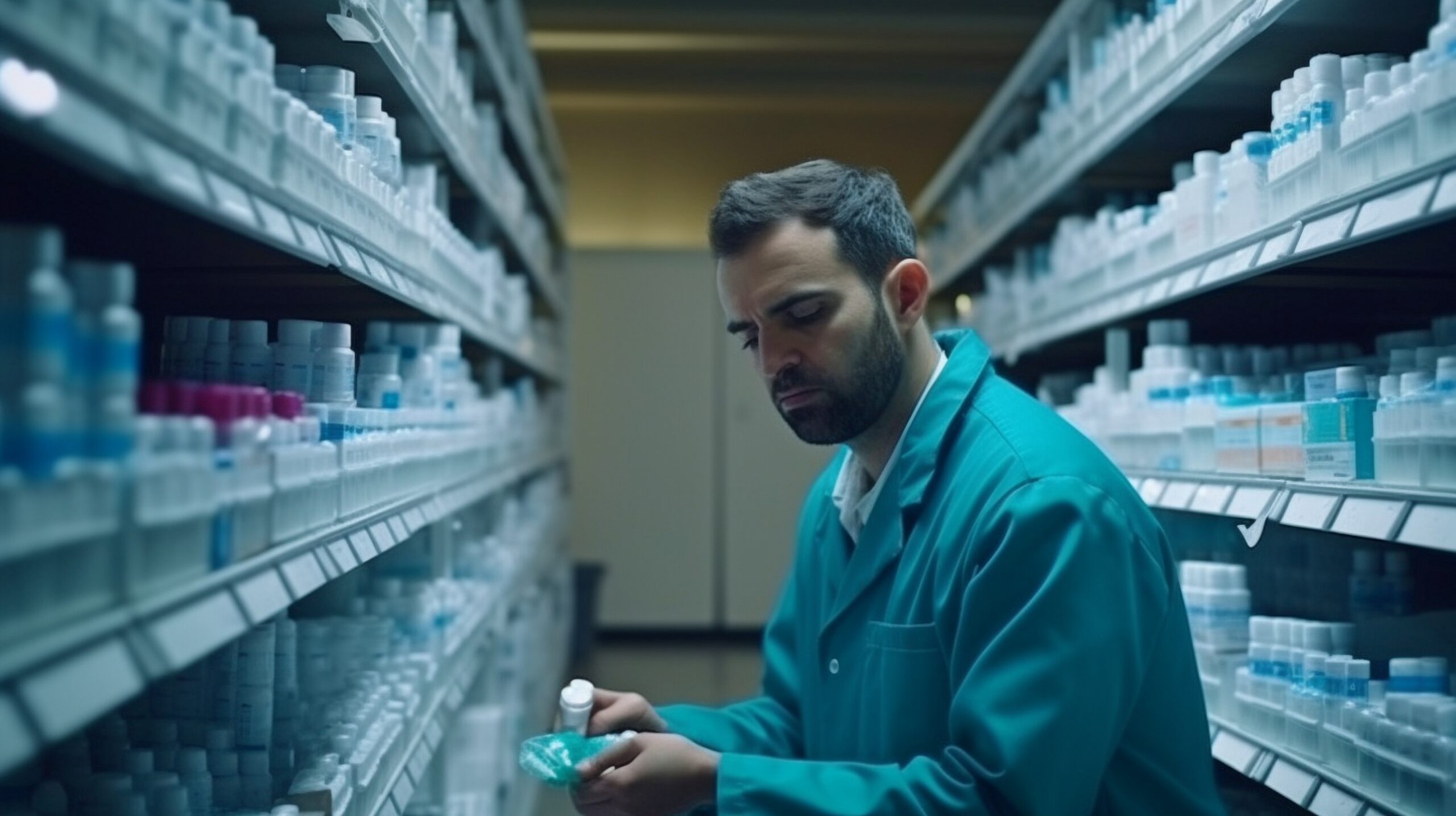 Pharmacy professional doing an examination in a storage facility