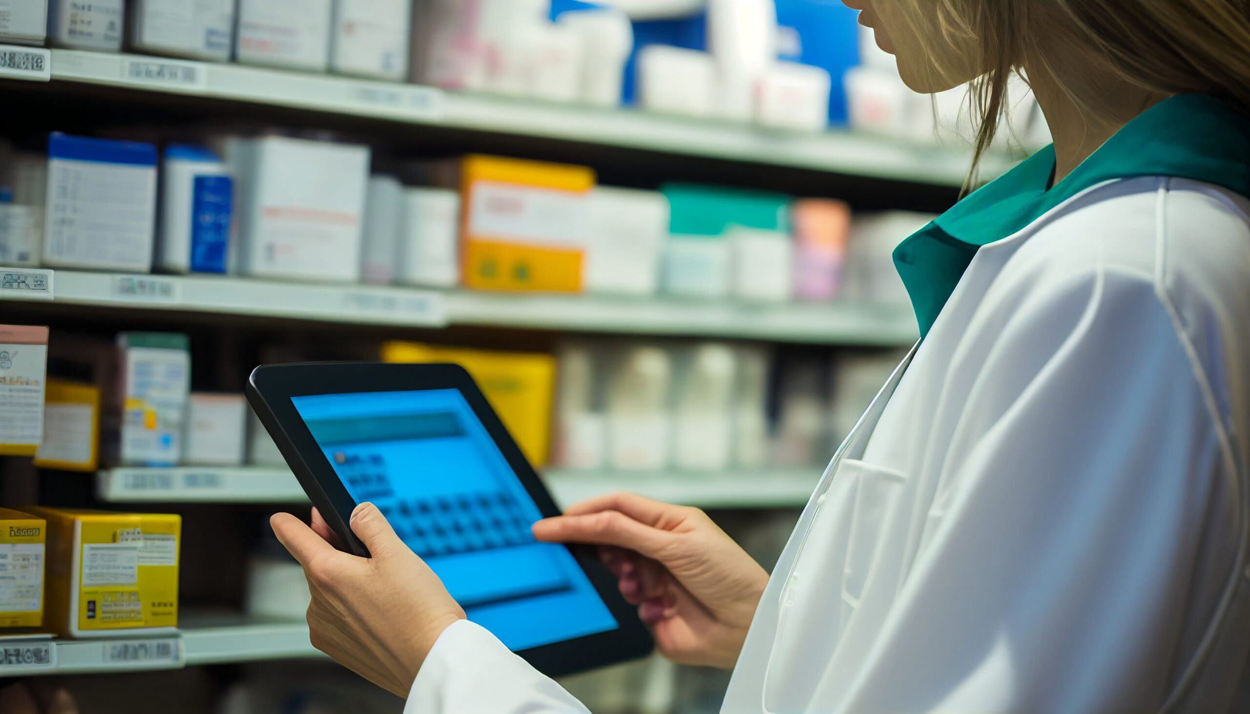 Pharmacist reading information on a tablet computer while holdin